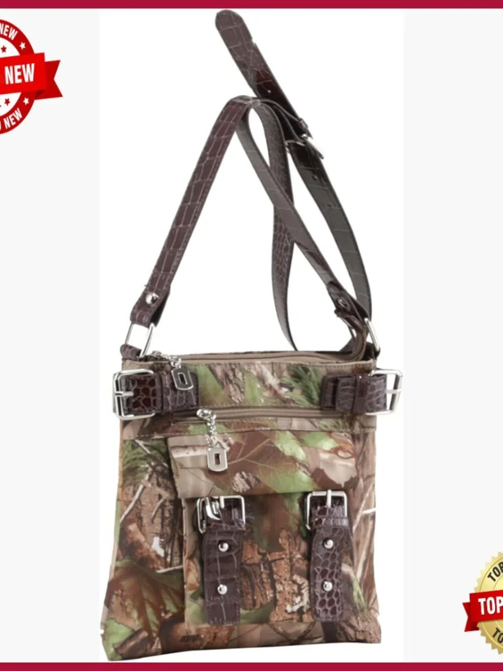 8-Pocket Messenger Bag with Studded Buckles, Adjustable Strap